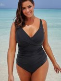 Plus Size Black Ruched V-Neck One Piece Swimsuit