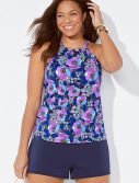 Plus Size Blossom High Neck Tankini with Navy Banded Short