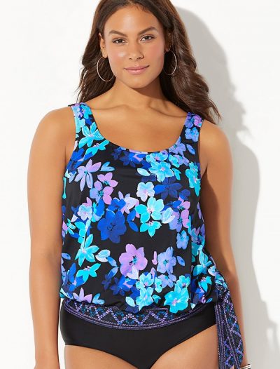 Plus Size Blue Iris Side Tie Blouson Tankini Top