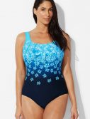 Plus Size Chlorine Resistant Exploded Blue Floral Sport One Piece Swimsuit