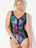 Plus Size Chlorine Resistant Paradise Sweetheart Zip Front One Piece Swimsuit
