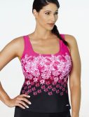 Plus Size Chlorine Resistant Pink Exploded Floral Sport Tankini Top