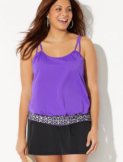 Plus Size Mulberry Loop Strap Blouson Tankini with Skirt