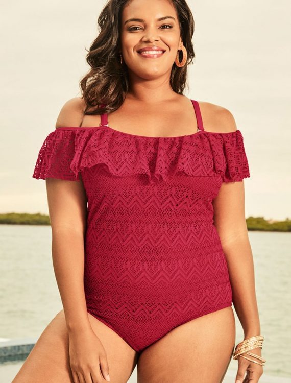 Plus Size Red Off The Shoulder Ruffle One Piece Swimsuit
